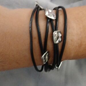 Black Leather Wrap Bracelet with Silver Accents